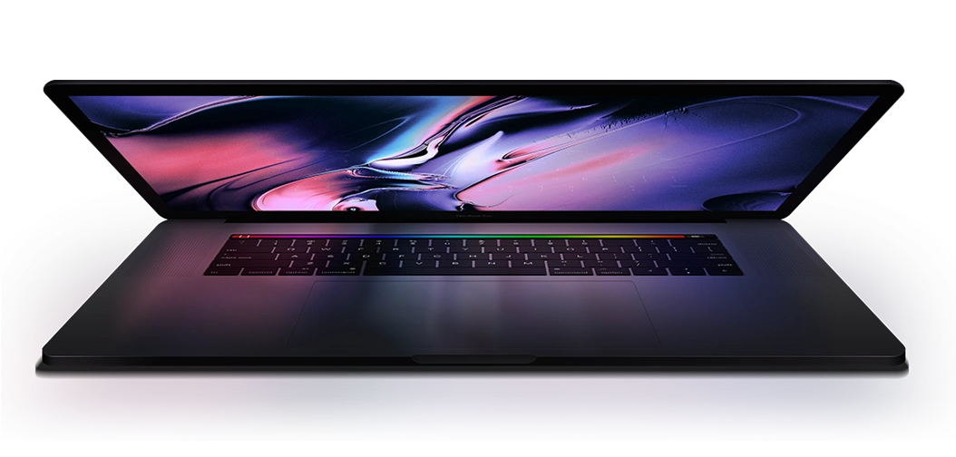 MacBook Pro ouvert avec écran coloré et clavier rétroéclairé arc-en-ciel